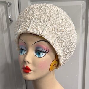 MS. DIVINE Elegant White Embroidered Lace & Rhinestone Turban Tam Women's Hat